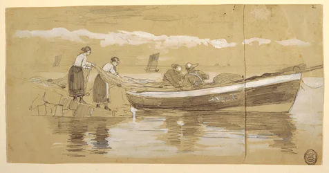 Dibujo, Pescador y mujeres guardando redes en un bote varado, Cullercoats, Inglaterra